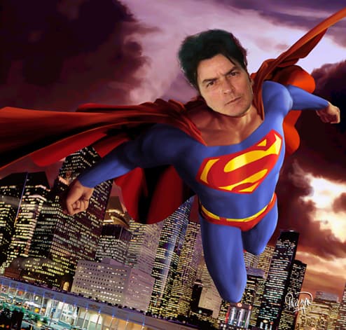 Charlie Sheen coked up and soaring through the air like Superman - drugs, cocaine, alcohol