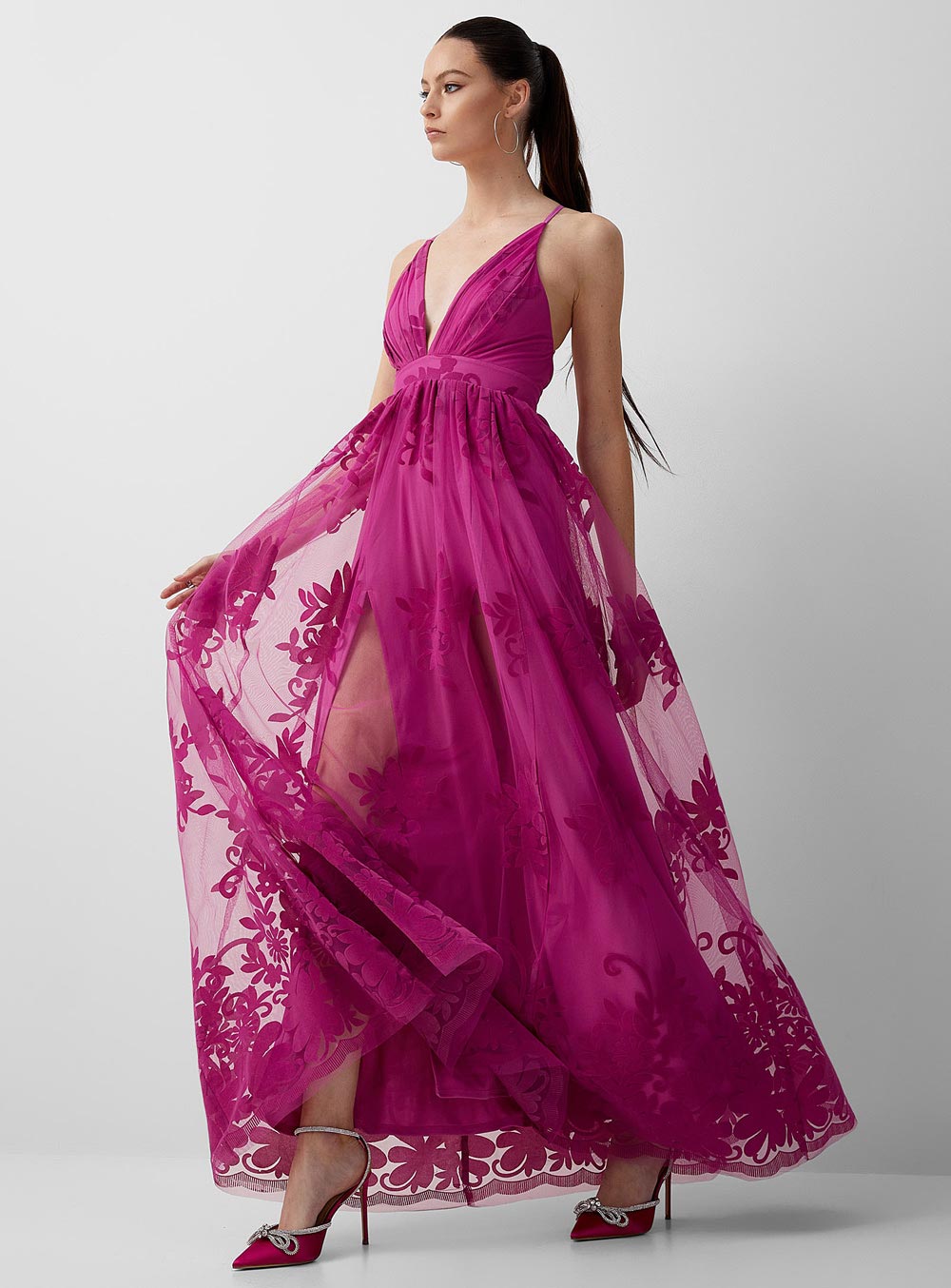 Flocked Floral Tulle Maxi Dress by Icōne