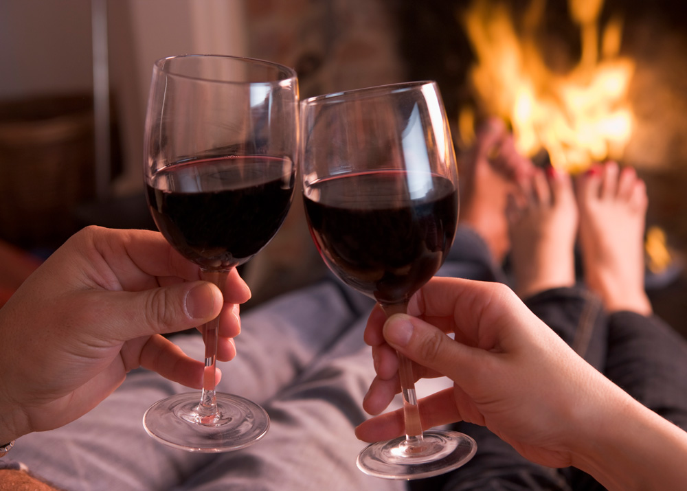 fireside red wine couple